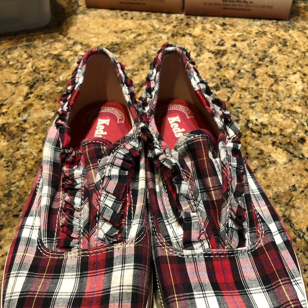 Red plaid slip on Keds